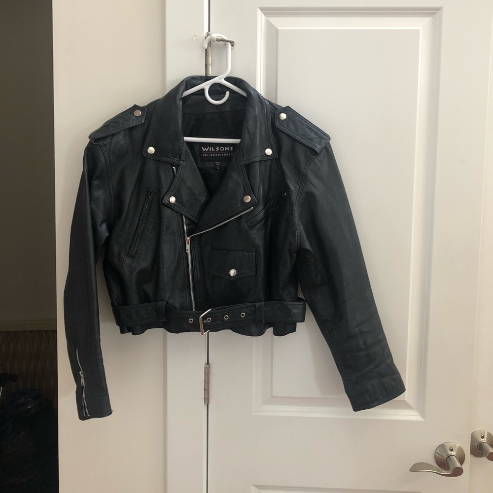 Cropped black leather biker jacket